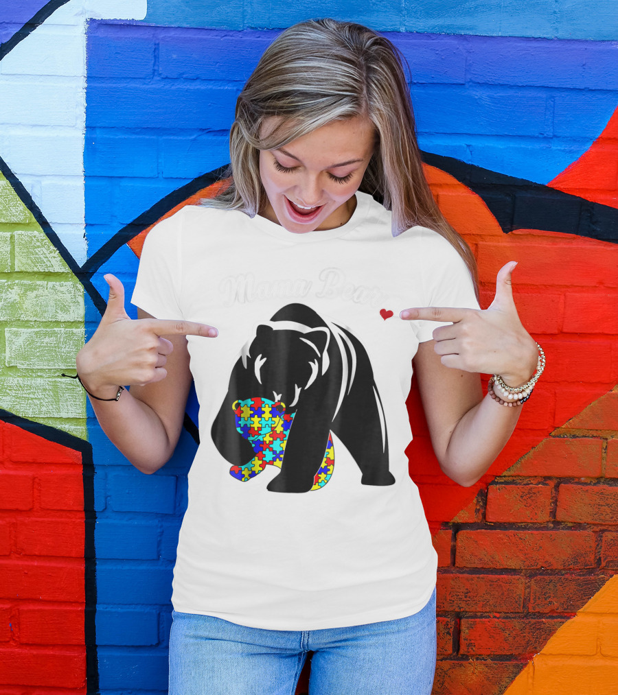 Mama Bear Autism Awareness Love Support Mom Puzzle Heart T-Shirt