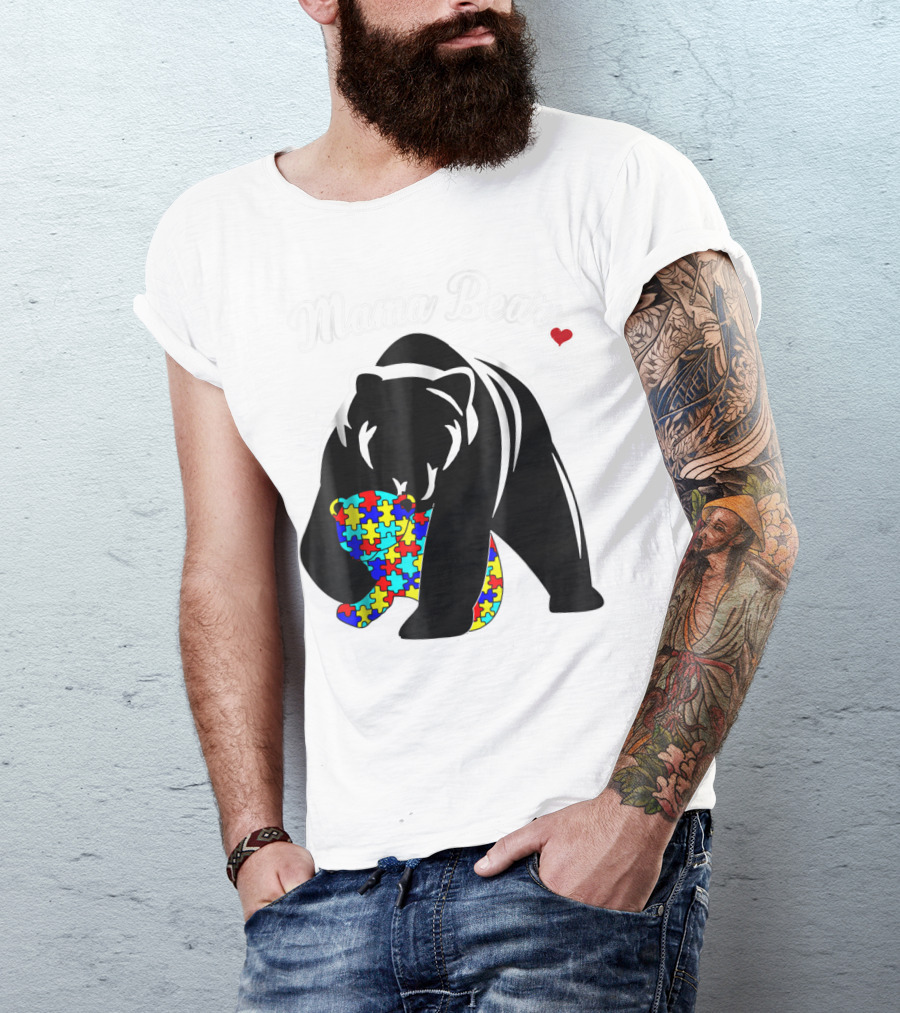 Mama Bear Autism Awareness Love Support Mom Puzzle Heart T-Shirt