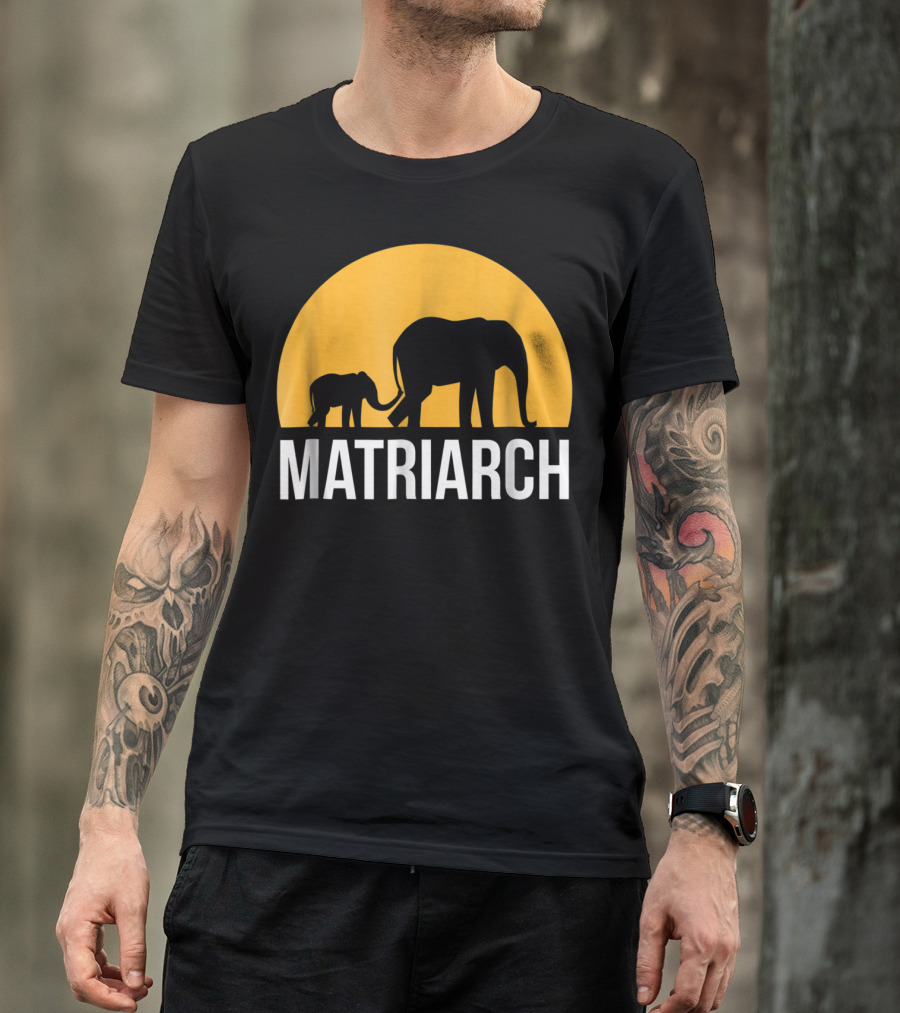Matriarch Elephant Silhouette With Yellow Sunset Circle T-Shirt