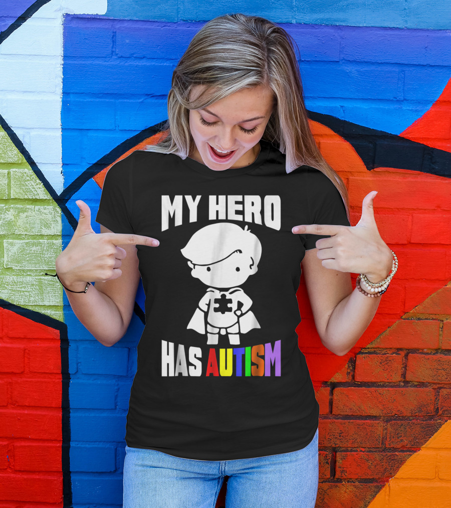 My Hero Has Autism Mom From Son56 Puzzle Cape Hero T-Shirt