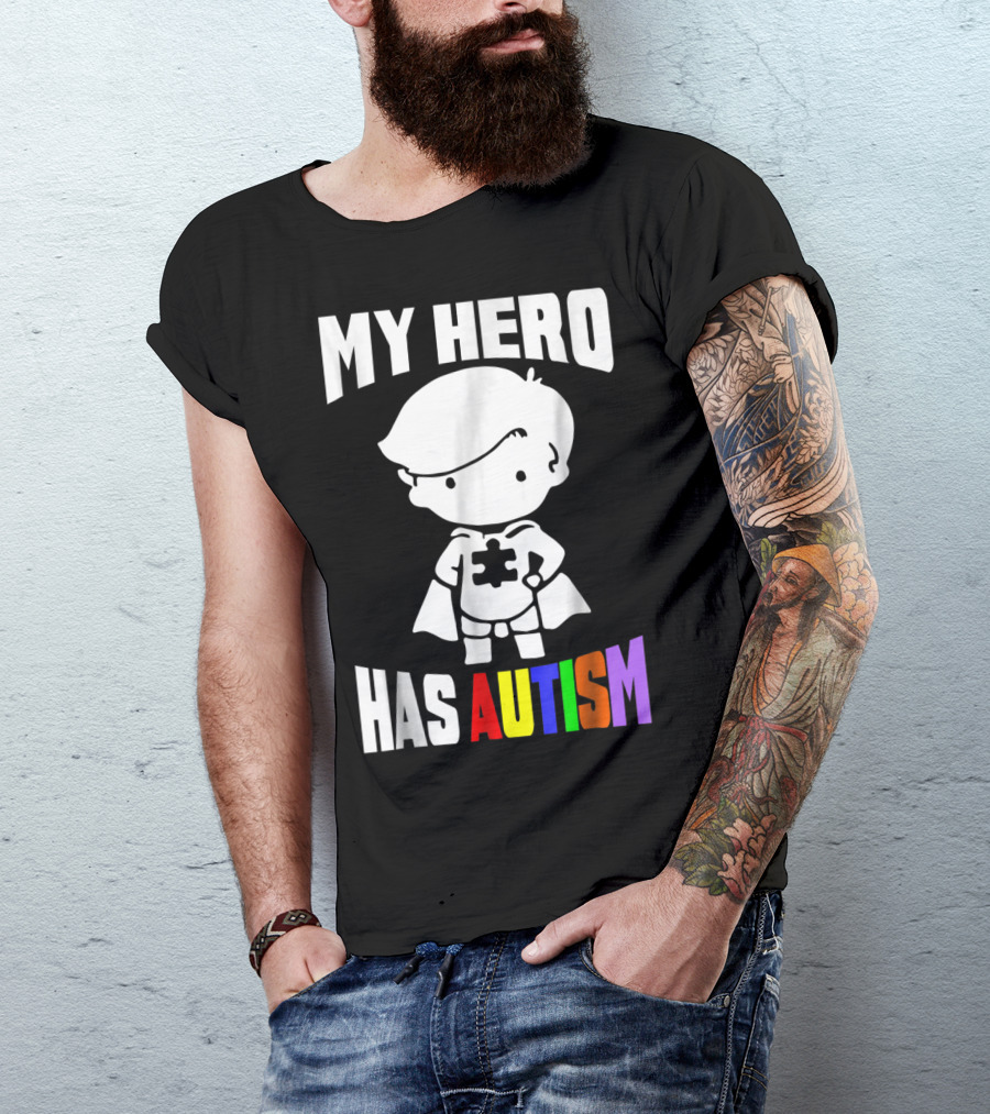 My Hero Has Autism Mom From Son56 Puzzle Cape Hero T-Shirt