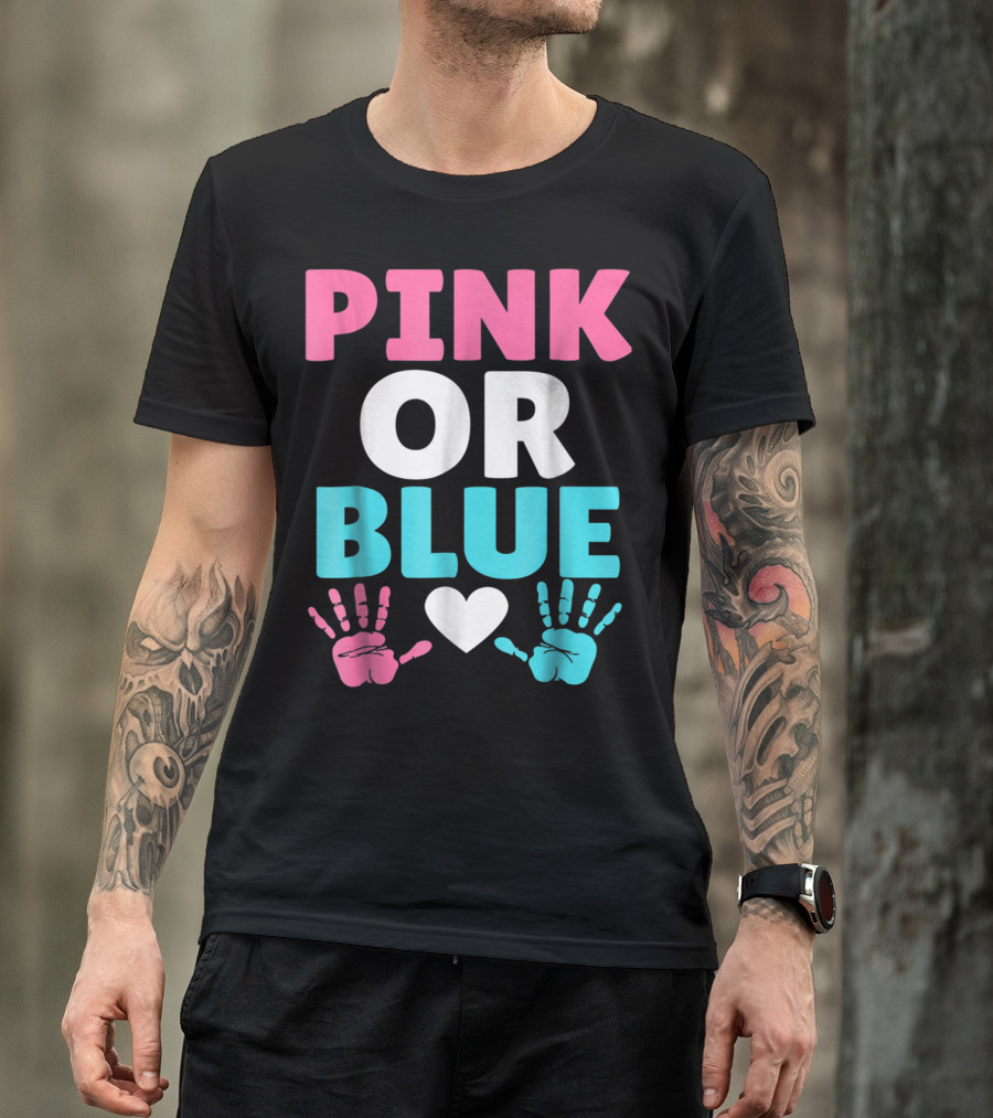 Pink Or Blue Cute Baby Gender Reveal Mom And Dad Handprint Heart T-Shirt