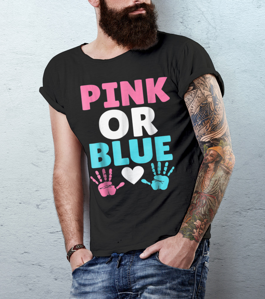 Pink Or Blue Cute Baby Gender Reveal Mom And Dad Handprint Heart T-Shirt