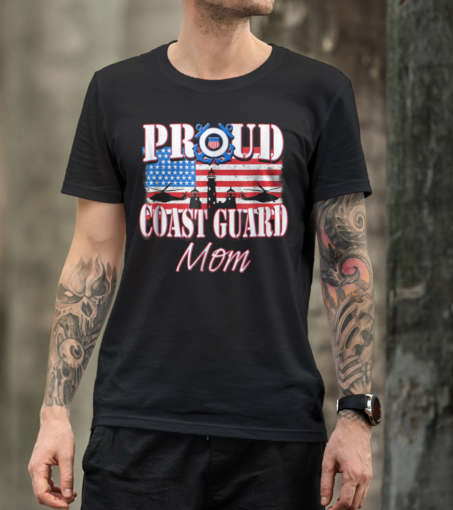 Proud Coast Guard Mom USA Flag Helicopters Lighthouse T-Shirt