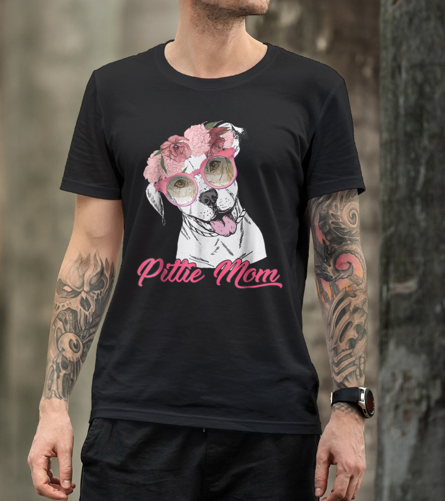Pittie Mom With Flower Crown And Sunglasses Pitbull T-Shirt