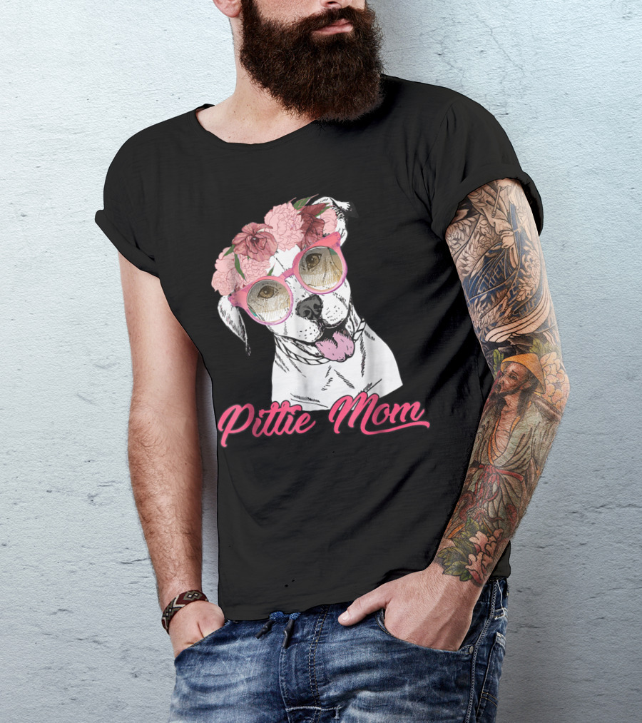 Pittie Mom With Flower Crown And Sunglasses Pitbull T-Shirt