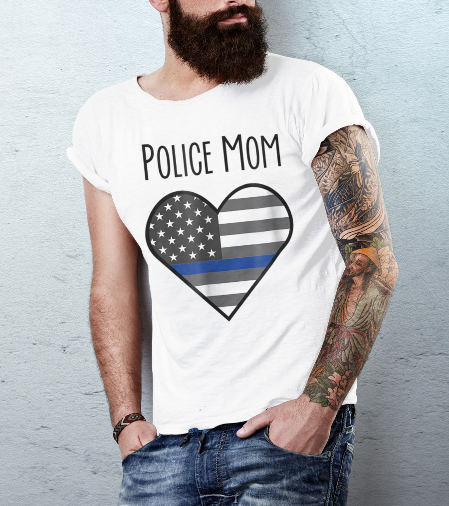 Police Mom Heart Thin Blue Line American Flag T-Shirt