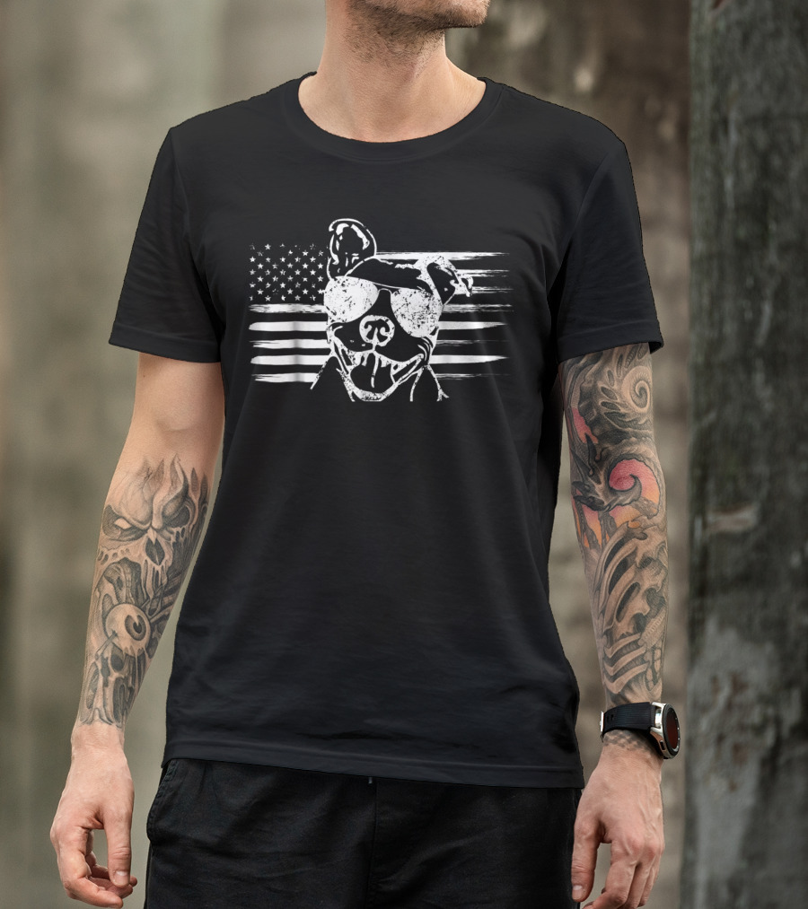 Proud USA American Flag Pit Bull Dog T-Shirt