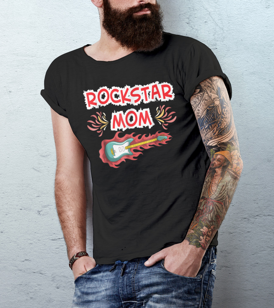 Rockstar Mom Electric Guitar Fire Design Rock Fan T-Shirt
