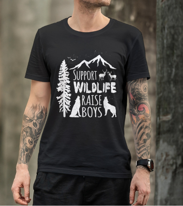 Support Wildlife Raise Boys Nature Mountains Wolves And Deer T-Shirt