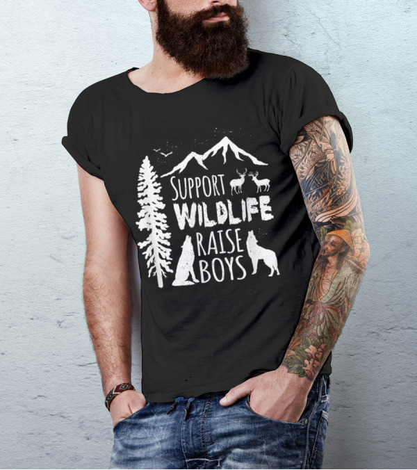 Support Wildlife Raise Boys Nature Mountains Wolves And Deer T-Shirt
