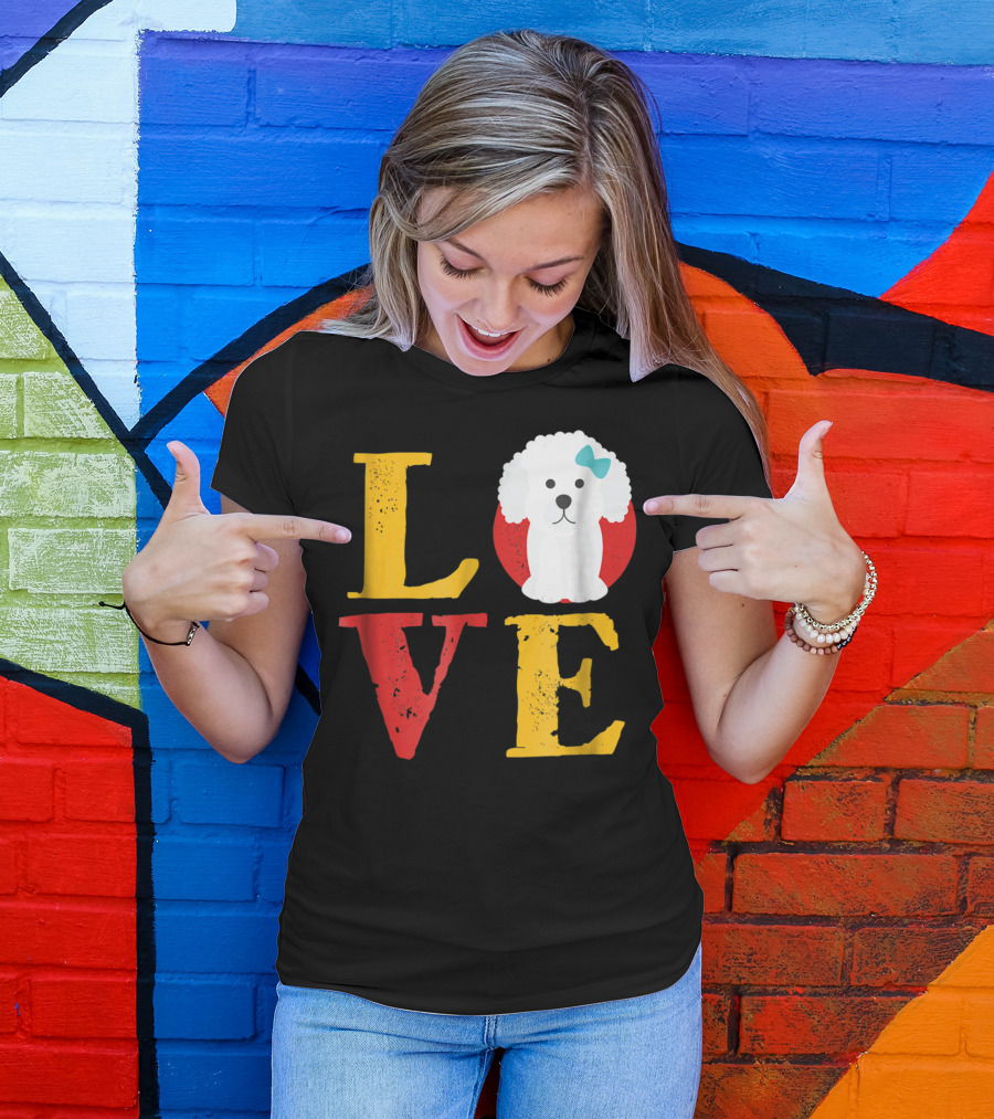 LOVE Bichon Frise Puppy With Blue Bow T-Shirt