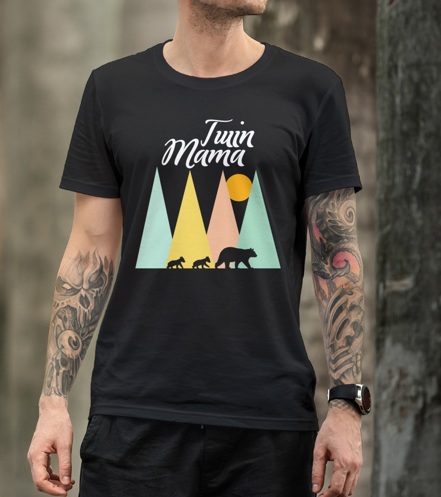 Twin Mama Bear Camping With Cubs In Forest T-Shirt