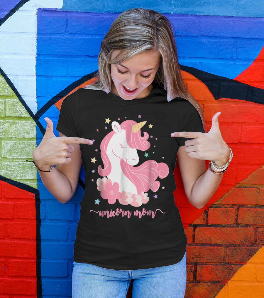 Unicorn Mom Pink Mane Stars Flowers T-Shirt