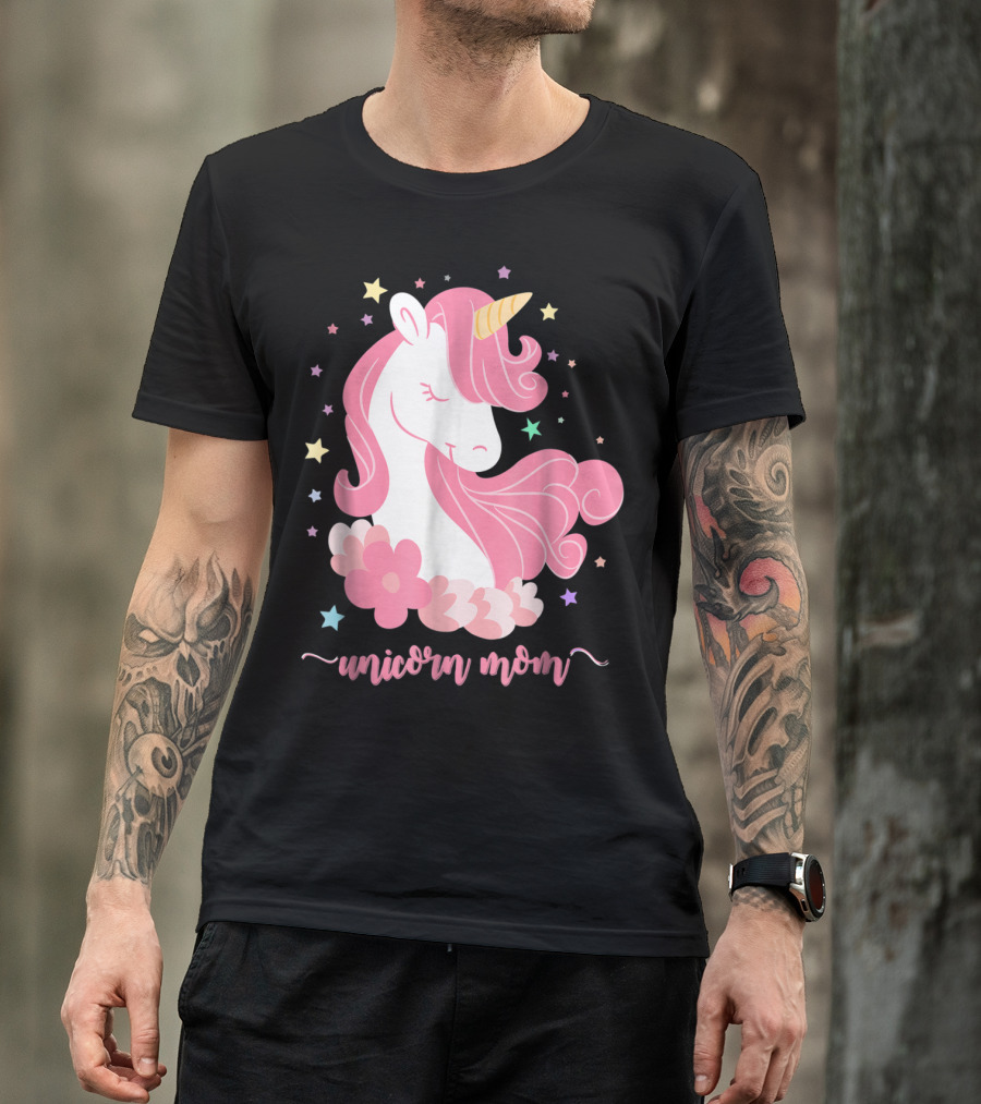 Unicorn Mom Pink Mane Stars Flowers T-Shirt