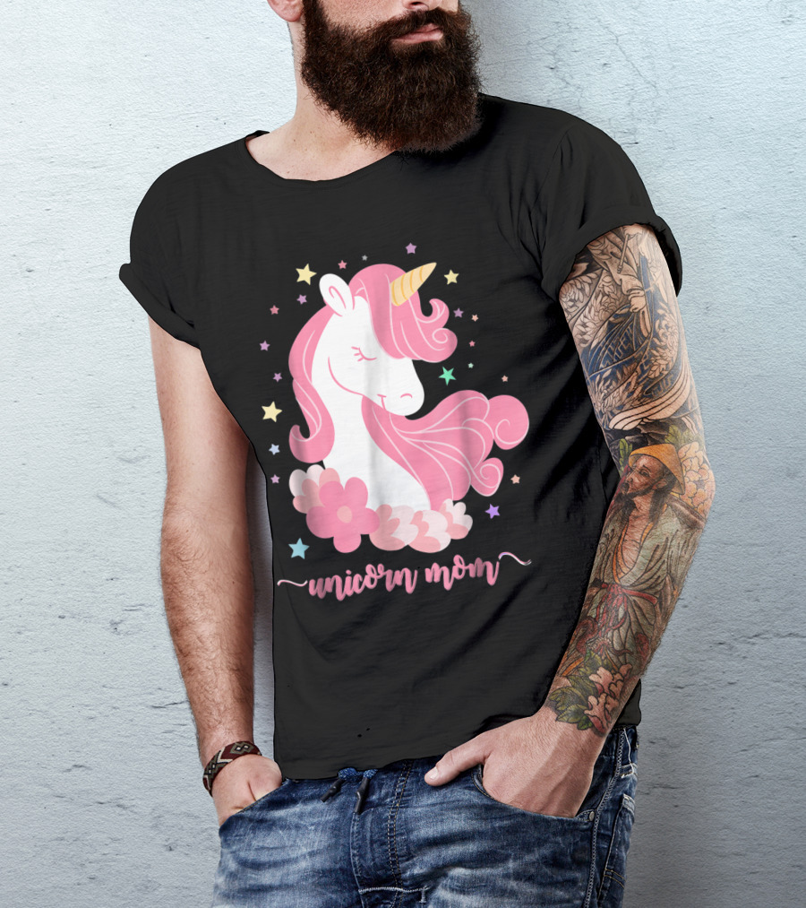 Unicorn Mom Pink Mane Stars Flowers T-Shirt