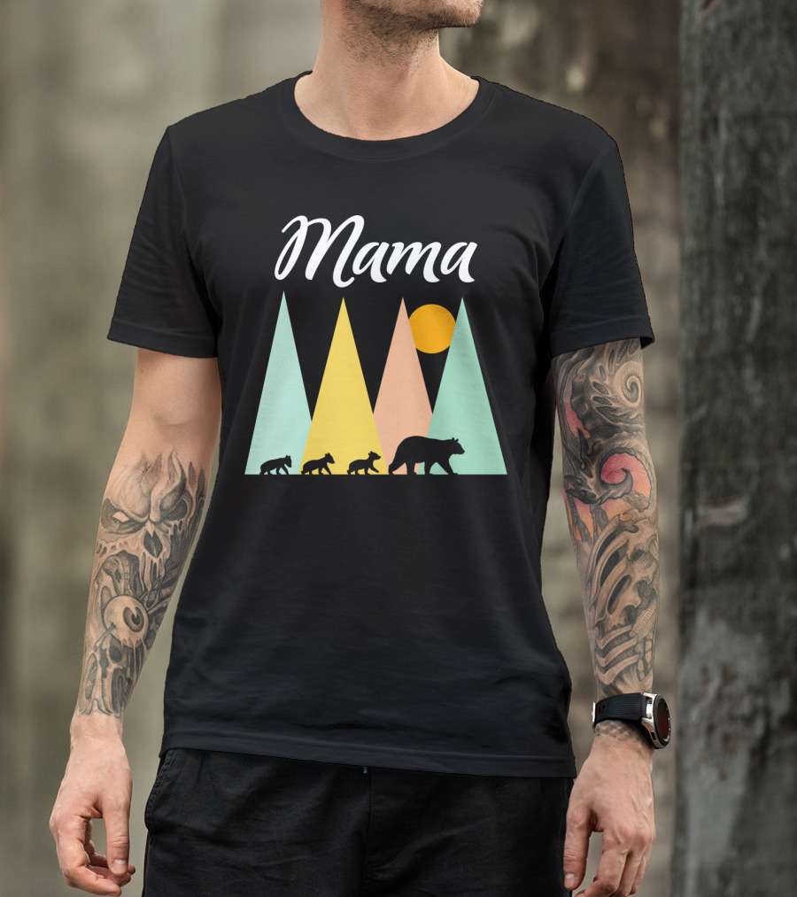 Mama Bear With Three Cubs Camping In The Mountains T-Shirt
