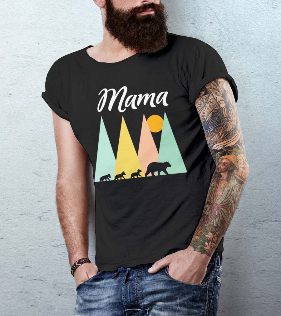 Mama Bear With Three Cubs Camping In The Mountains T-Shirt