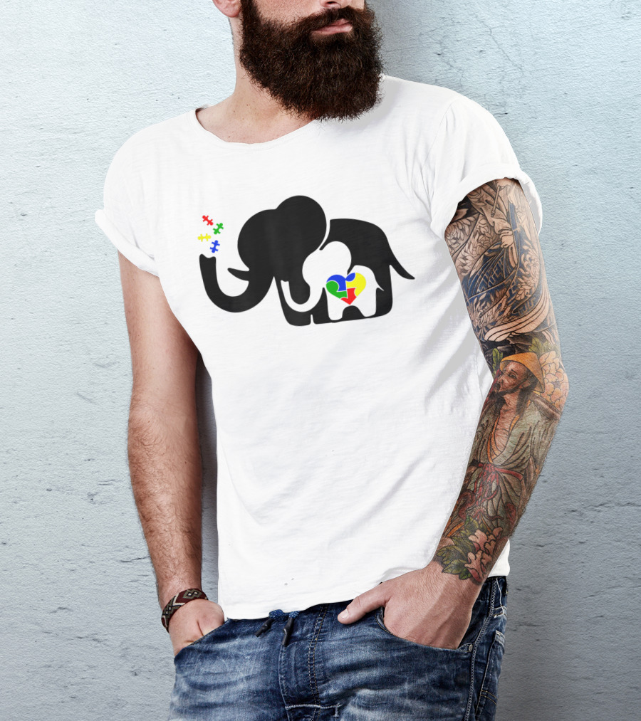 Autism Awareness Elephant With Puzzle Heart And Baby Elephant For Autism Mom T-Shirt