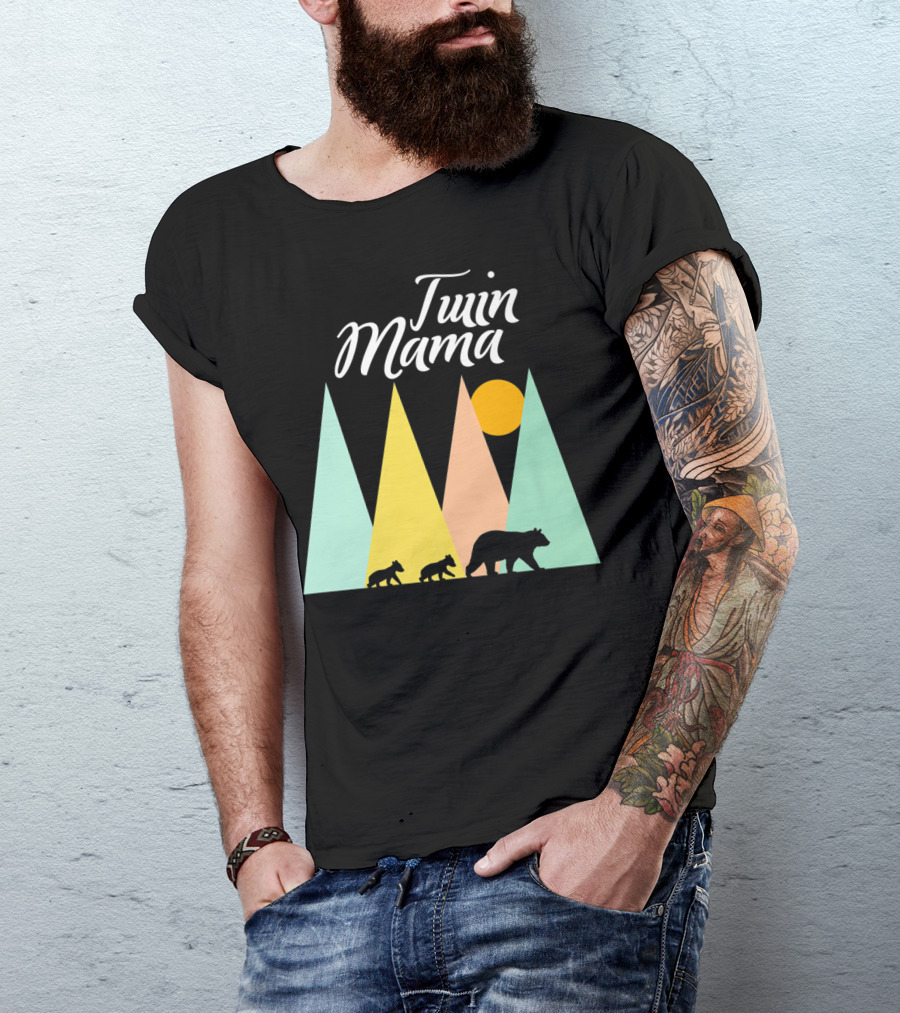 Twin Mama Bear With Cubs In Colorful Forest Scene T-Shirt