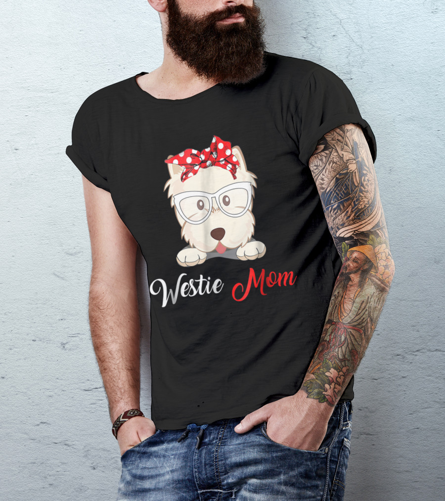 Westie Mom Glasses And Red Bow Dog Mom T-Shirt