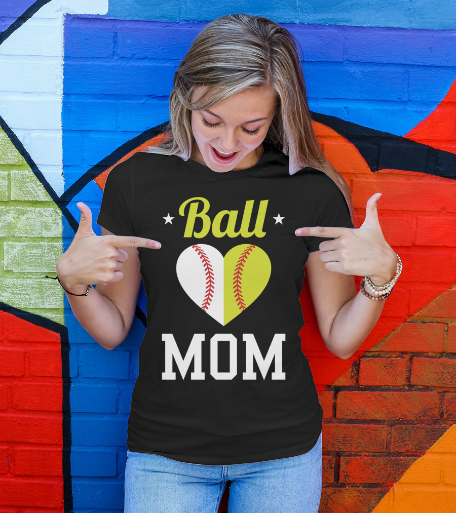 Ball Mom Heart Baseball Softball Dual Sports Mom T-Shirt