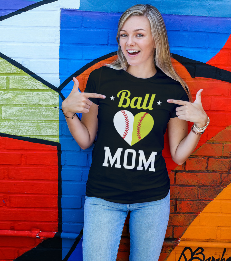 Ball Mom Heart Baseball Softball Dual Sports Mom T-Shirt