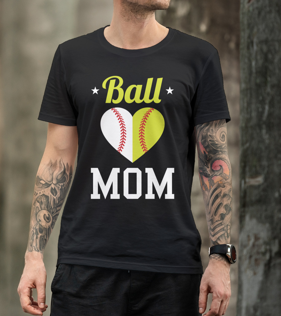 Ball Mom Heart Baseball Softball Dual Sports Mom T-Shirt