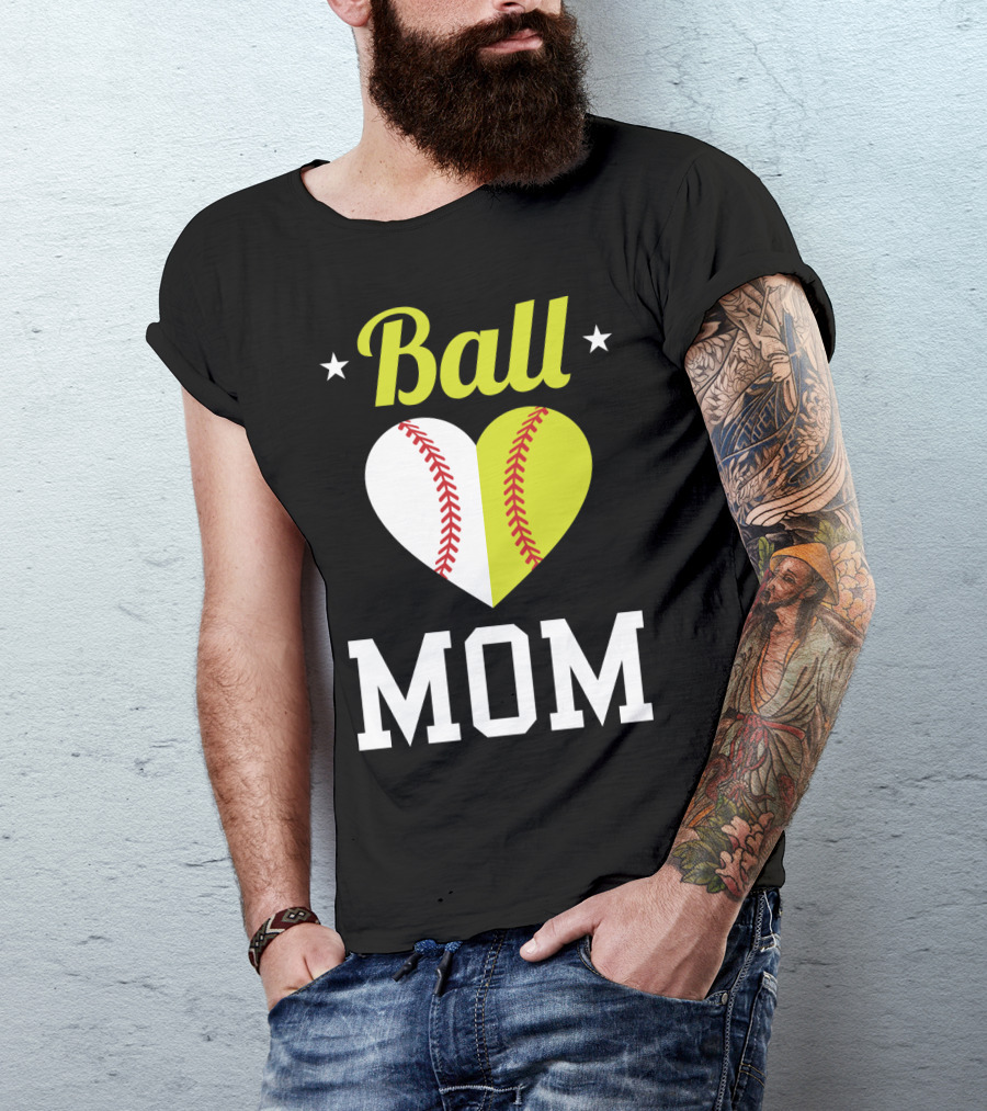 Ball Mom Heart Baseball Softball Dual Sports Mom T-Shirt
