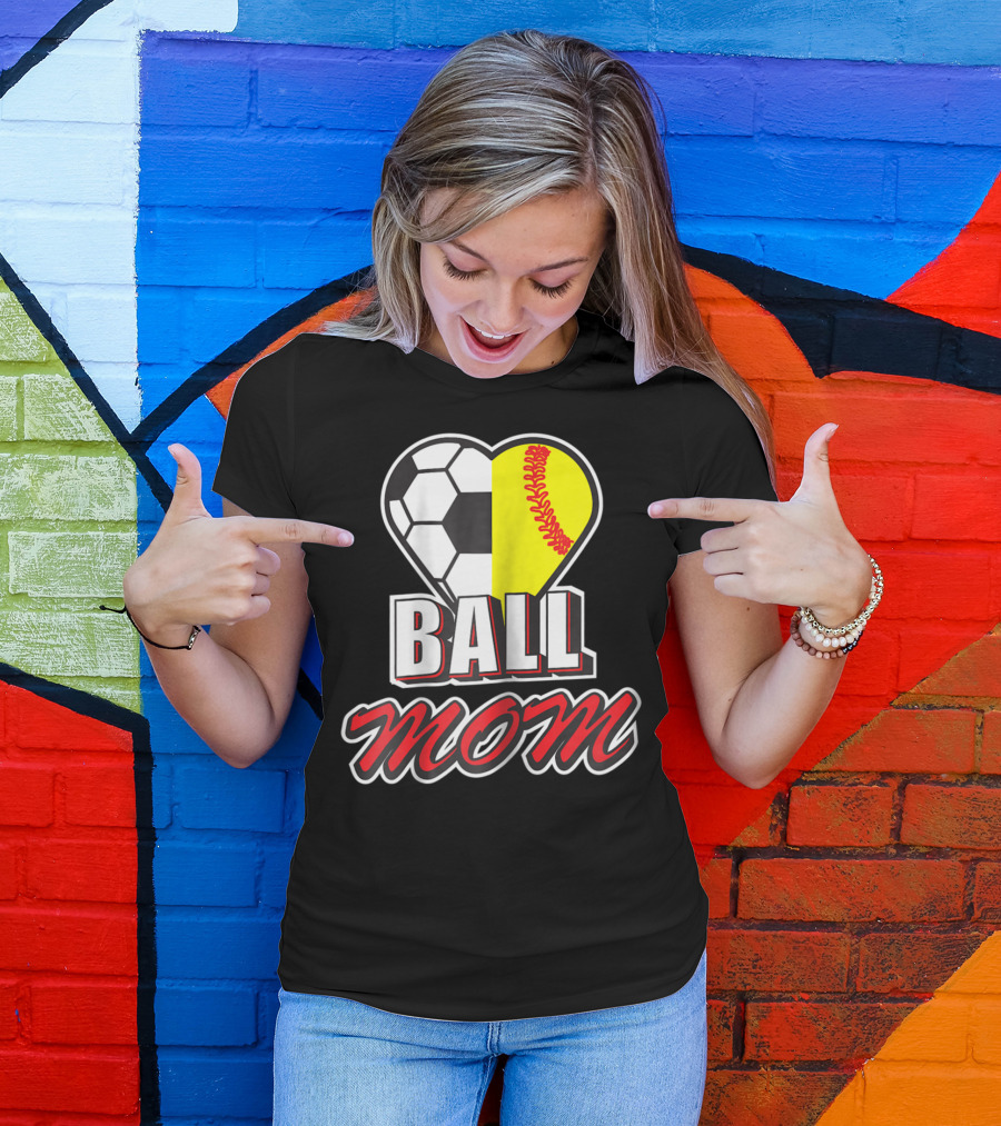 Ball Mom Love Soccer Softball Heart Tops T-Shirt