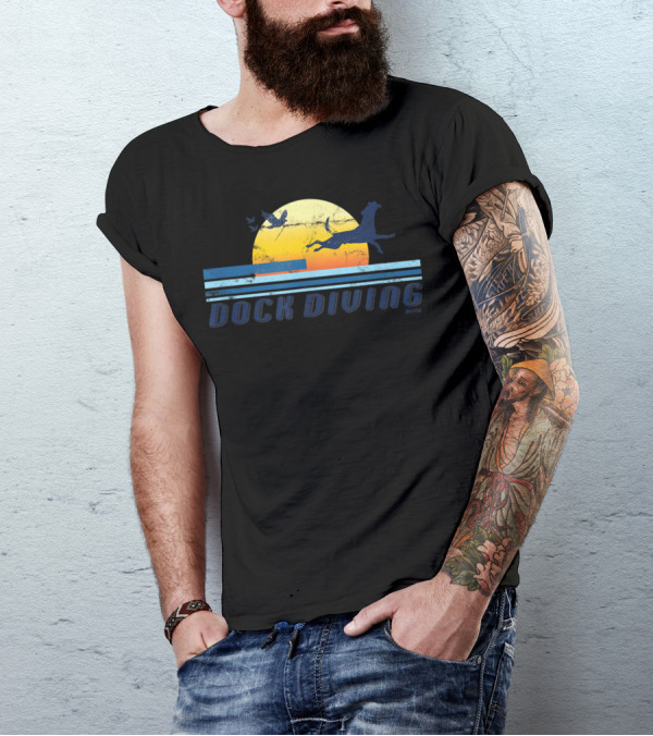 Dock Diving Jumping Dog Mom Dad Retro Sunset T-Shirt