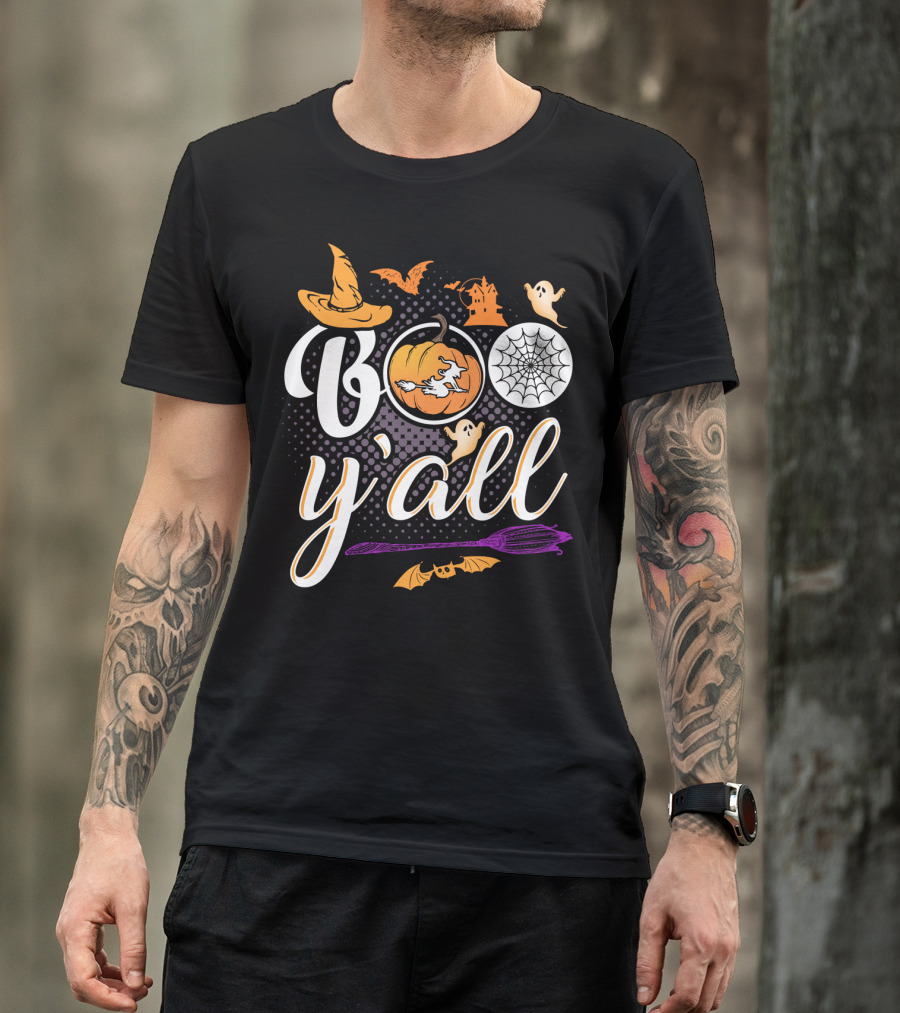 Boo Y'all Halloween Witch Hat Pumpkin Ghost Spiderweb Broomstick T-Shirt