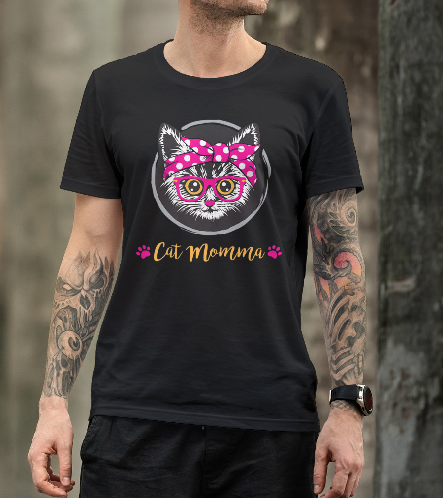 Cat Momma Pink Bow Glasses Paws T-Shirt