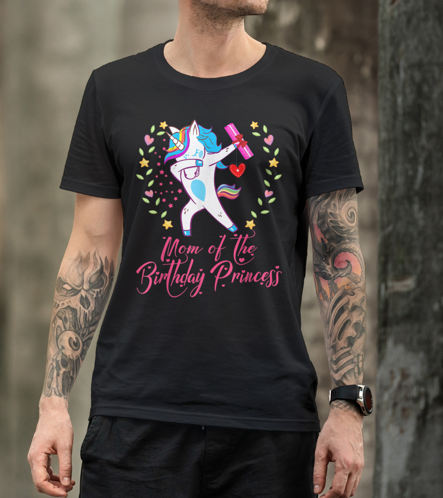 Mom Of The Birthday Princess Unicorn Stars Hearts Rainbow T-Shirt
