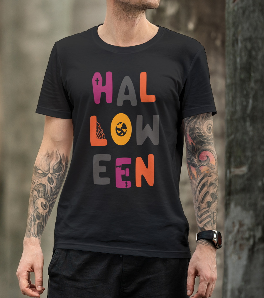 Halloween Cute Teacher Mom Dad Spider Bat Cross Stitched Text T-Shirt