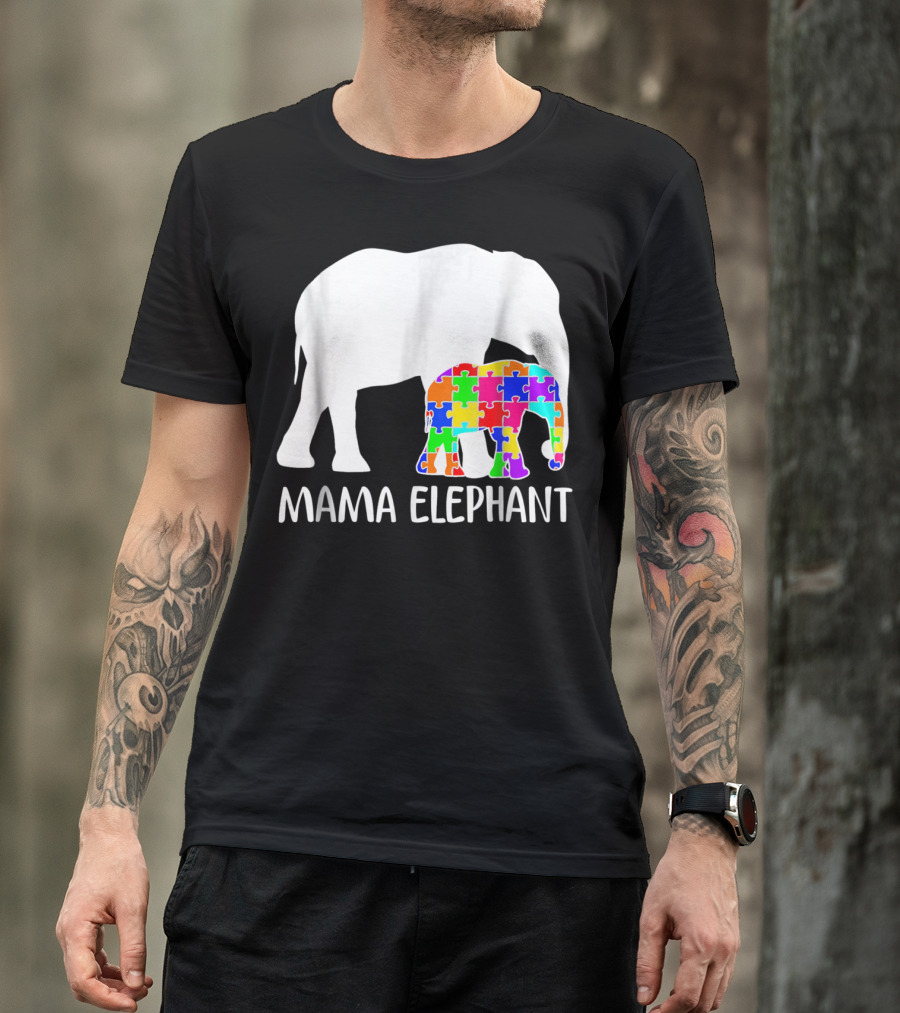 Mama Elephant Autism Awareness Puzzle Elephant Mother T-Shirt