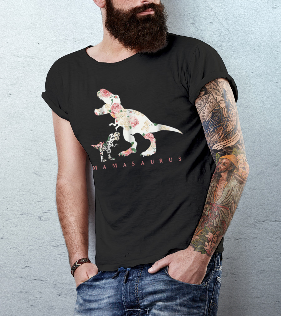 Mamasaurus Autism Awareness Floral Puzzle Dinosaur Mom T-Shirt