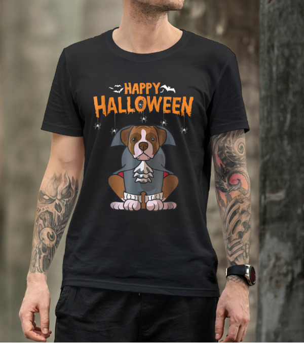 Happy Halloween Funny Boxer Dog Costume With Bats And Spiders T-Shirt
