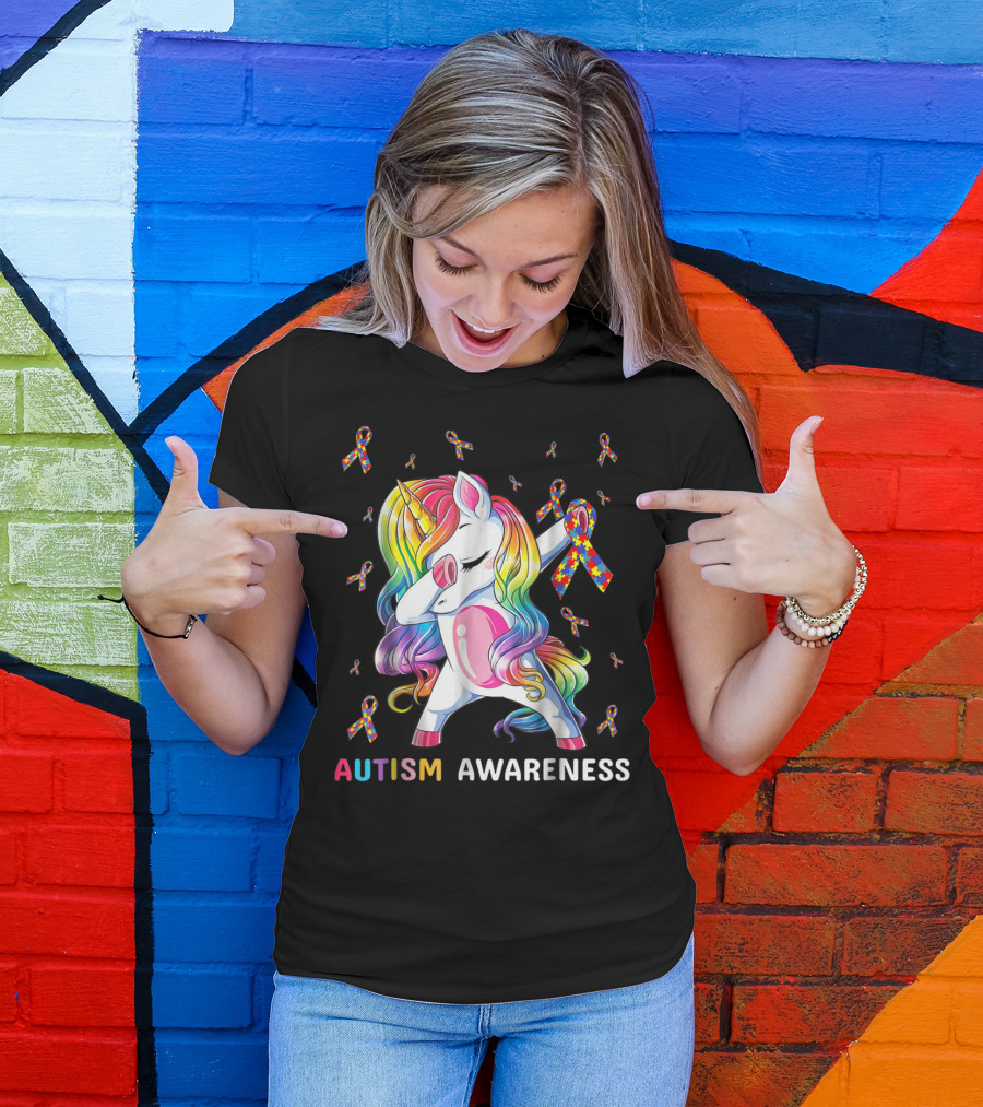 Autism Awareness Unicorn Dabbing With Rainbow Puzzle Ribbons T-Shirt
