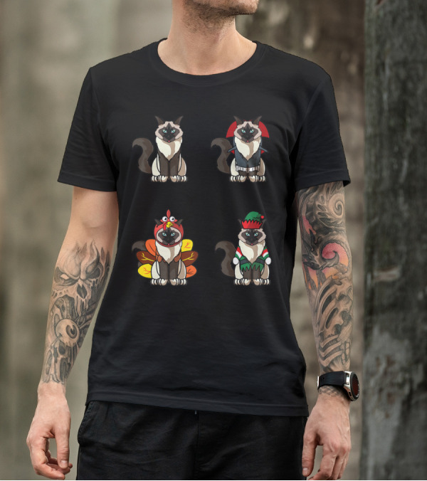 Birman Cat Dracula Turkey Elf Halloween Thanksgiving Christmas T-Shirt