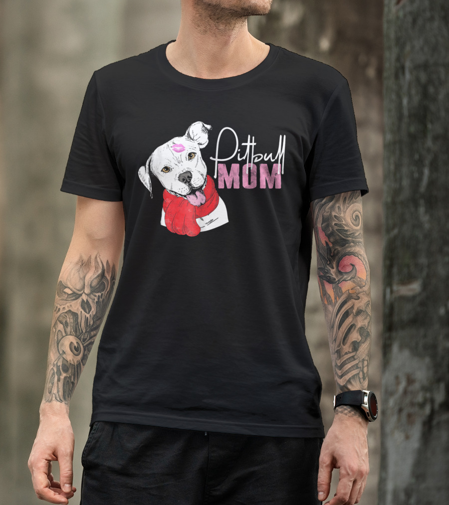 Pitbull Mom Pittie With Kissed Face And Red Scarf T-Shirt