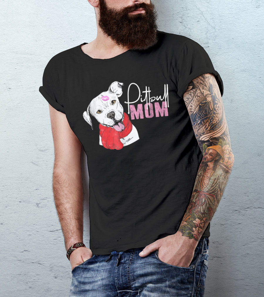 Pitbull Mom Pittie With Kissed Face And Red Scarf T-Shirt