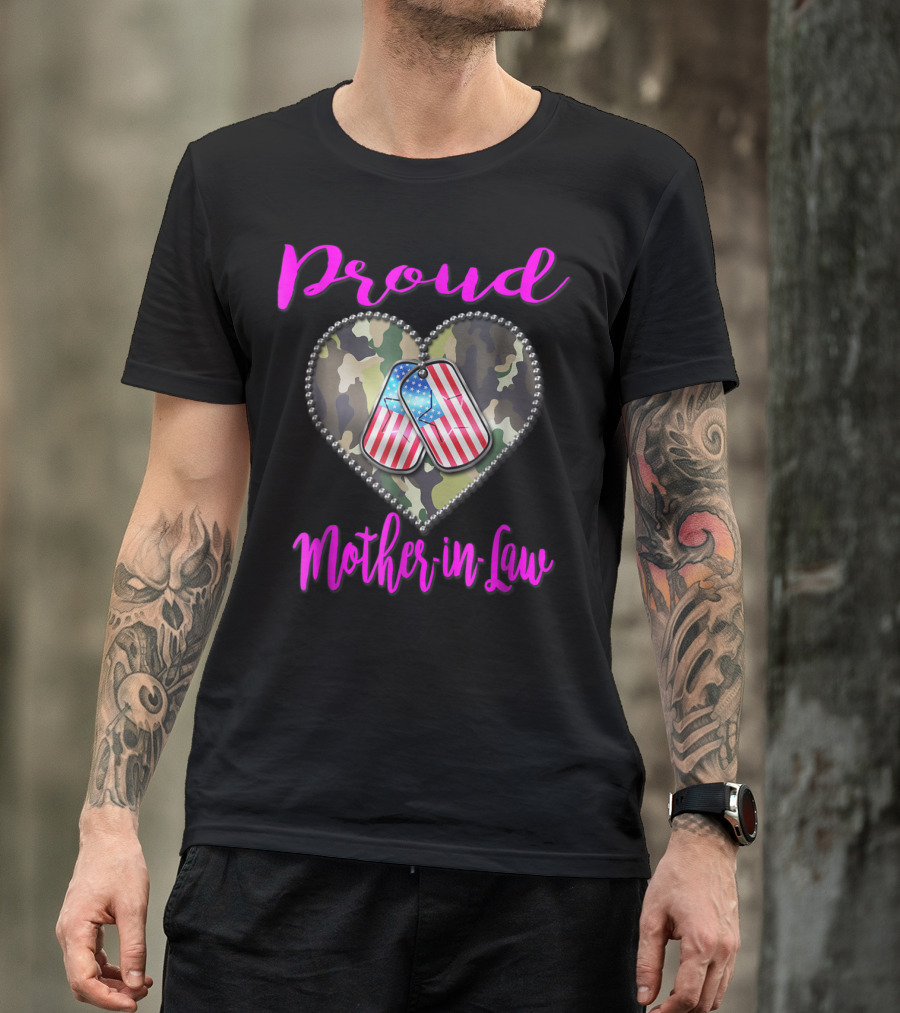 Proud Military Mother-in-Law Heart Dog Tags Camo US Military T-Shirt