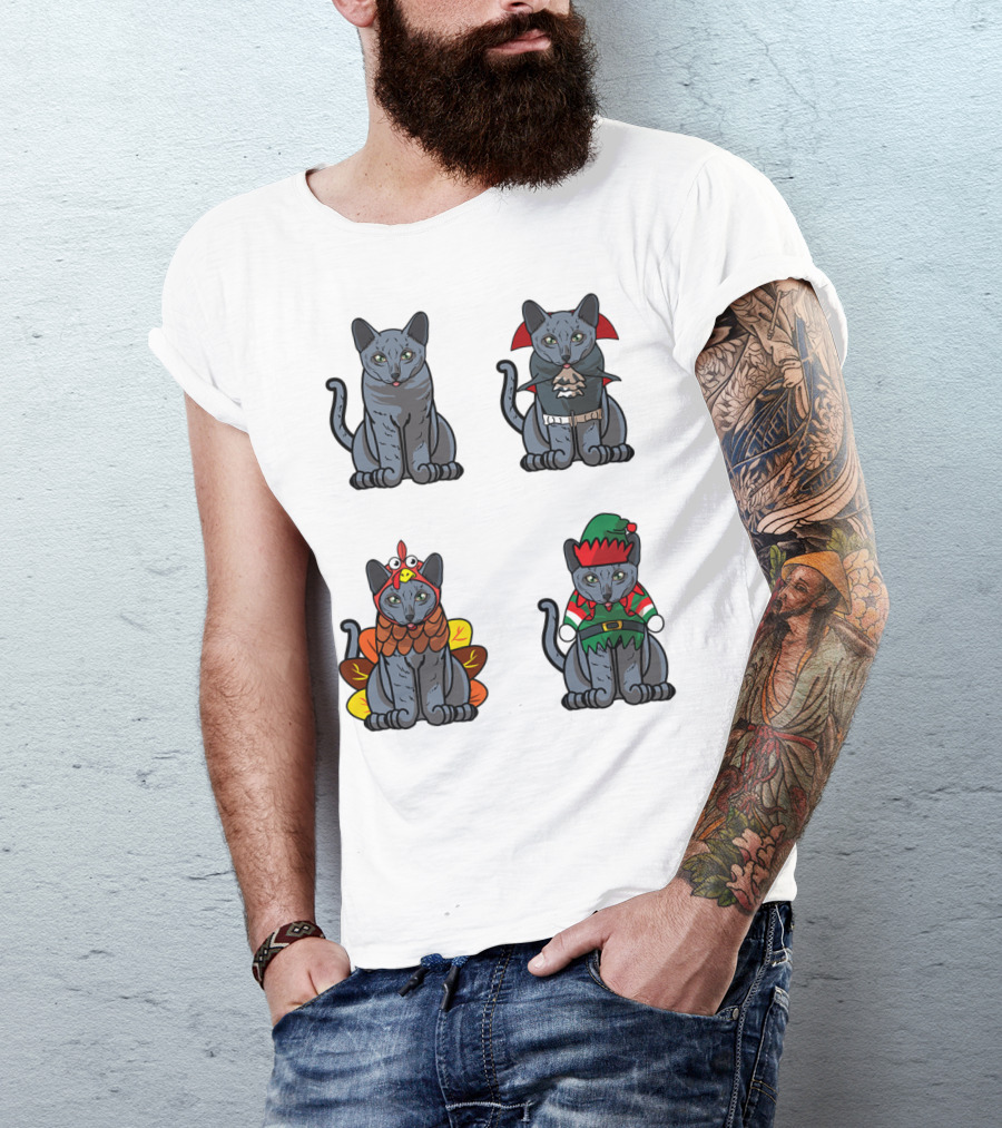 Blue Cat Halloween Thanksgiving Christmas Costumes T-Shirt