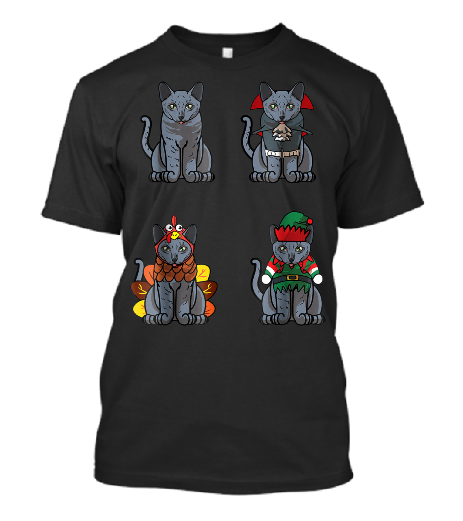 Blue Halloween Thanksgiving Christmas Cat Costume Quartet T-Shirt