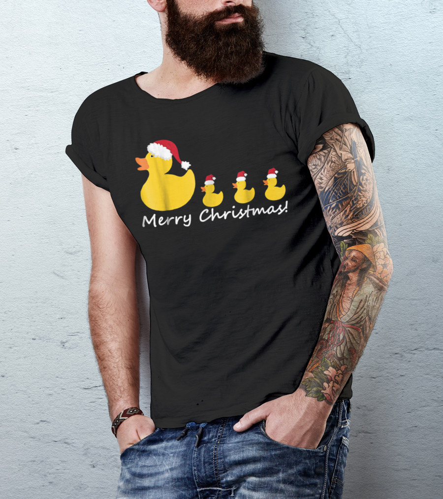 Merry Christmas Rubber Duck Family Santa Hat Mom Of Three T-Shirt