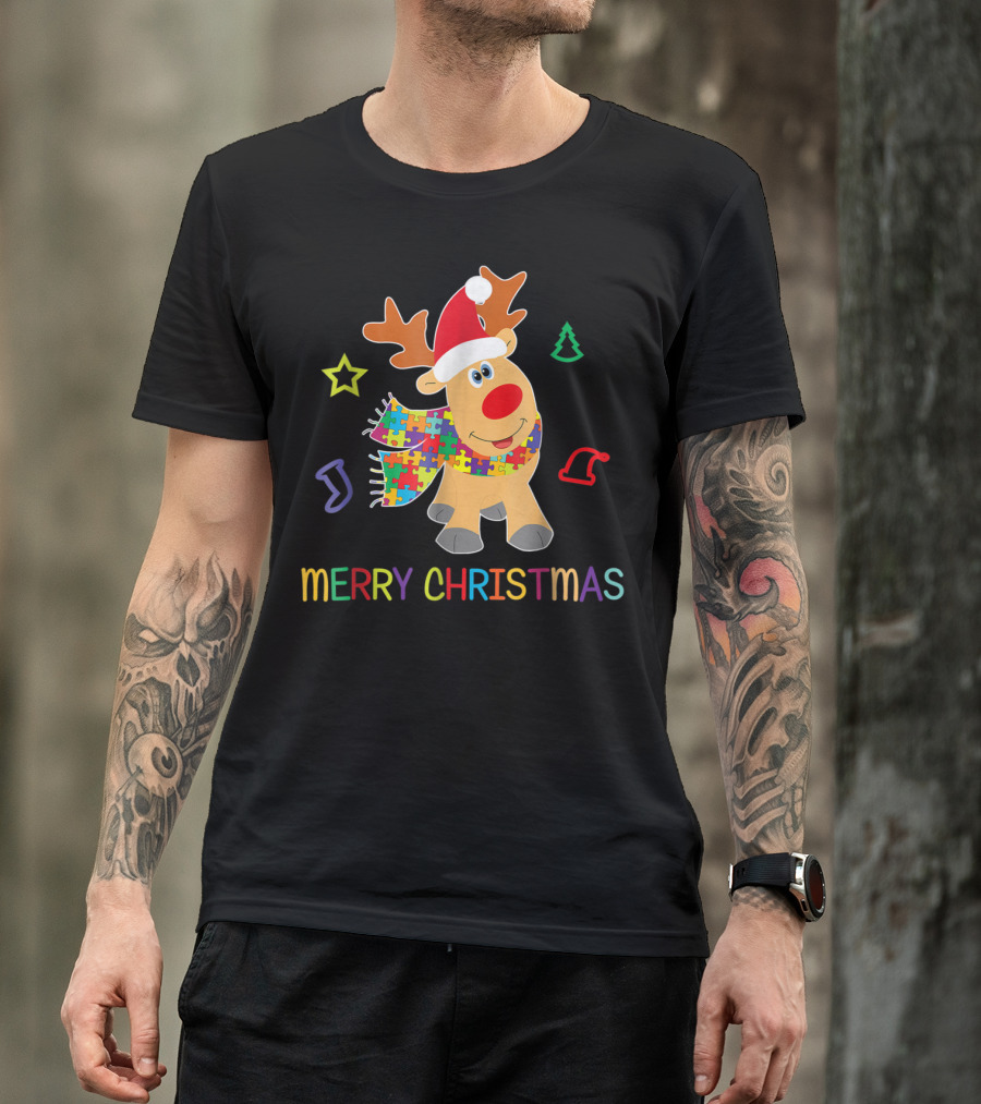 Merry Christmas Autism Awareness Reindeer Puzzle Scarf Holiday Kids 65 T-Shirt