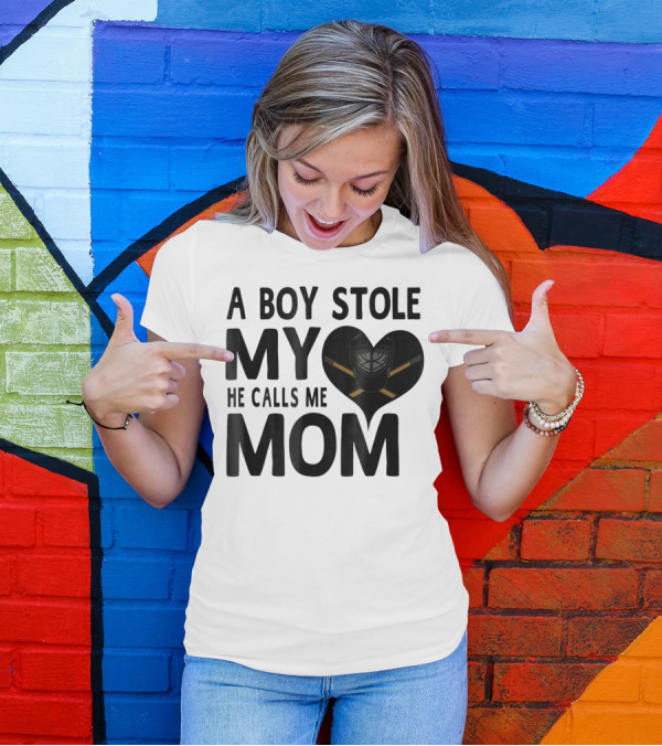 A Boy Stole My Heart He Calls Me Mom Hockey Heart Mask T-Shirt