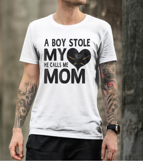 A Boy Stole My Heart He Calls Me Mom Hockey Heart Mask T-Shirt