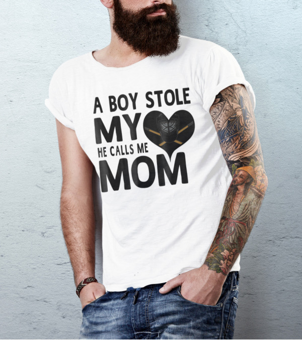 A Boy Stole My Heart He Calls Me Mom Hockey Heart Mask T-Shirt
